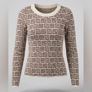 Neutral Geometric Crewneck Sweater in Cream and Brown